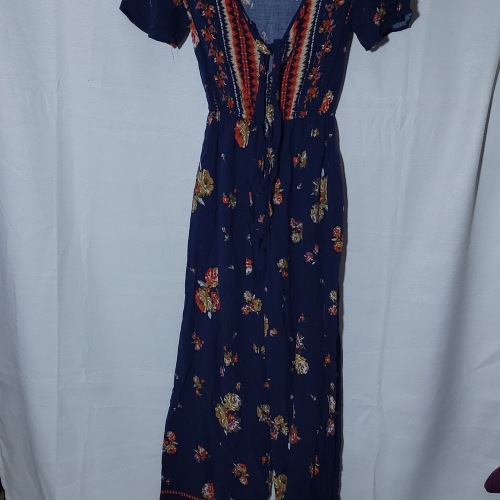 Band of Gypsies Womens Jumpsuit Xsmall Blue Floral vneck tie front short sleeve